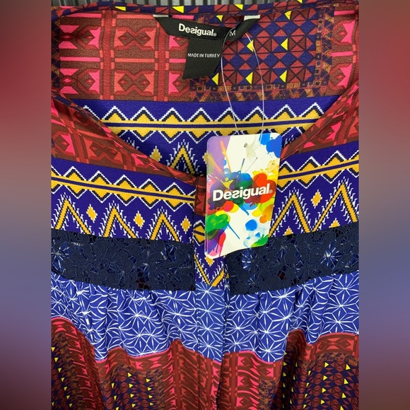 Women’s NWT Desigual Red Blue Yellow Button Up Long Sleeve Blouse Size Medium - Picture 3 of 5